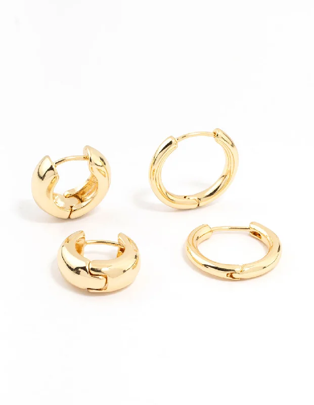 Fashion Hoop Earrings-Gold Plated Thick & Thin Huggie Earrings 2-Pack