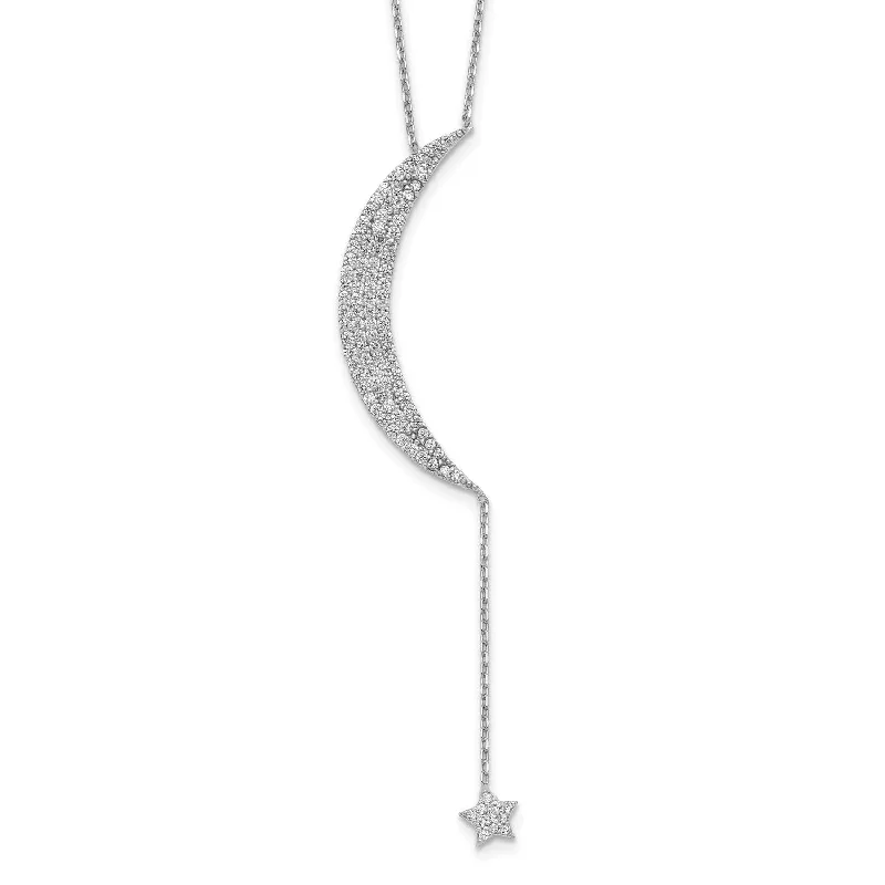 Layered Choker Necklace-Sterling Silver Cubic Zirconia 16-inch Celestial Moon and Star Necklace