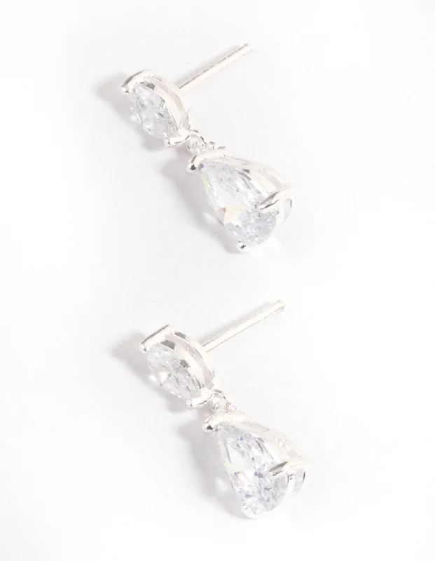 Oval Dangle Earrings-Sterling Silver Cubic Zirconia Marquise & Pear Drop Earrings