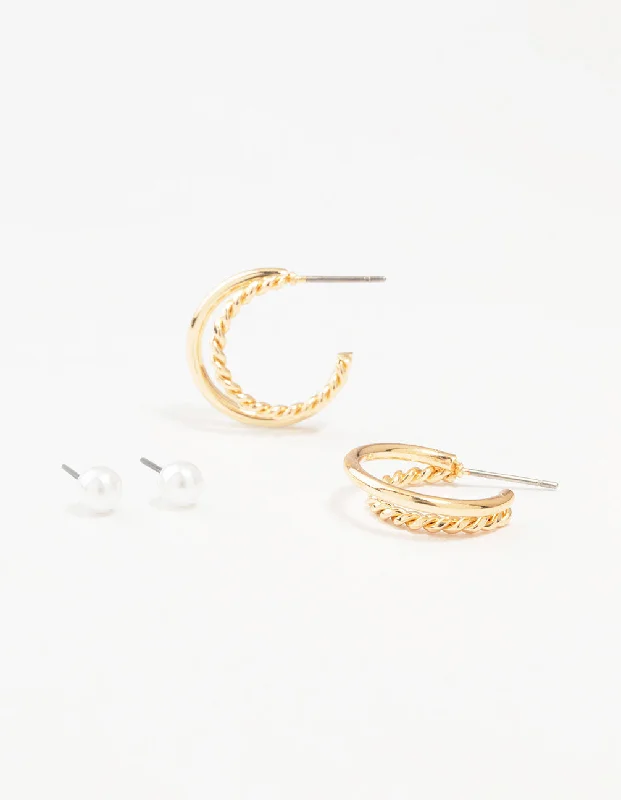 Silver Drop Earrings for Women-Gold Pearl Studs & Twisted Hoop Earrings 2-Pack