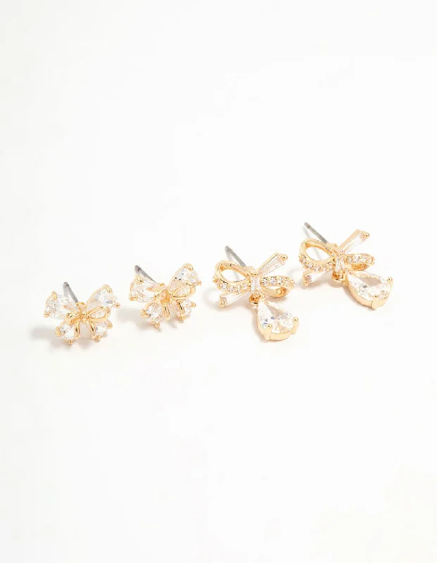 Glamour Diamond Earrings-Gold Cubic Zirconia Bow Stud Earrings 2-Pack