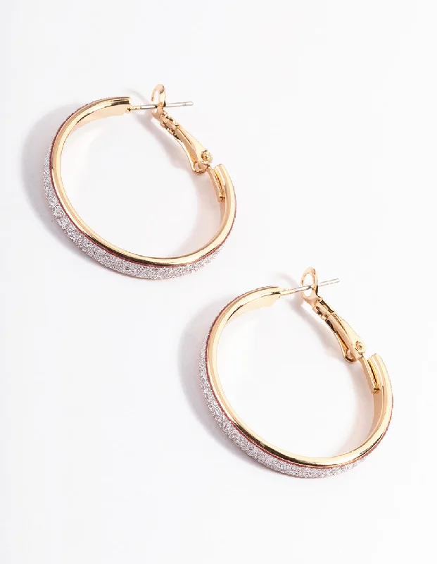 Double Hoop Earrings-Gold Medium Glitter Hoop Earrings