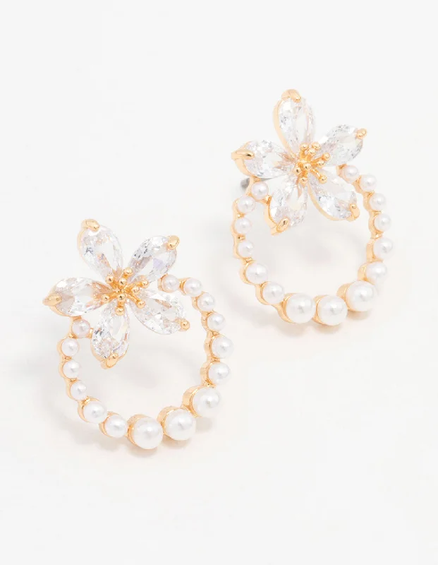 Sparkling Swarovski Earrings-Gold Pearl Wreath Cubic Zirconia Flower Earrings