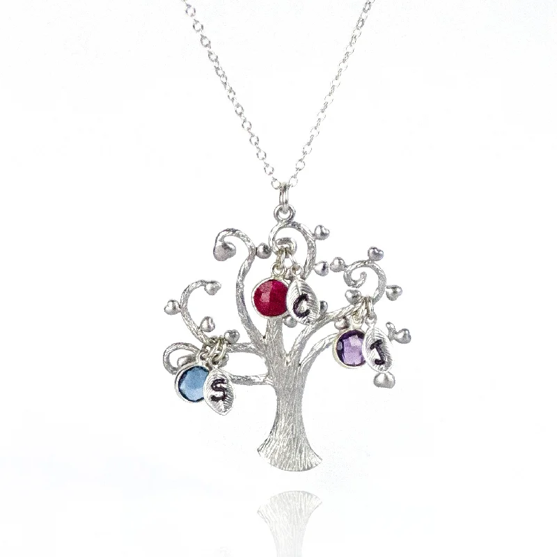 Fashion Crystal Necklace-Family Swirly Tree Necklace with Kids Birthstones & Initials