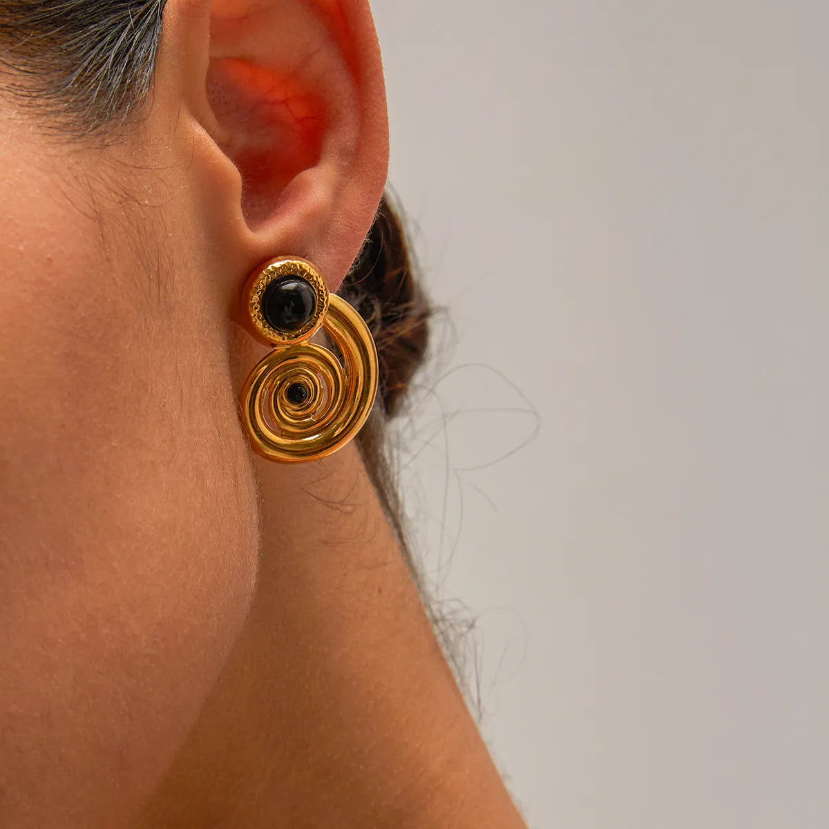 1 Pair Ig Style Spiral Stripe Plating Inlay Stainless Steel Natural Stone 18k Gold Plated Ear Studs