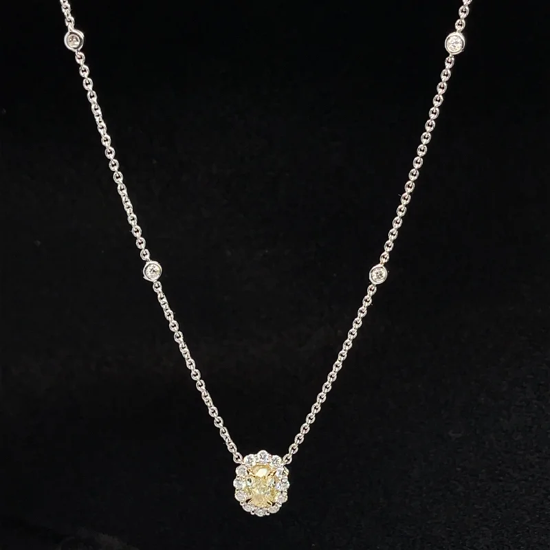 Birthstone Necklace-Fancy Yellow & White Diamond Halo Flower Pendant Necklace in 18k Two Tone Gold - (#136-JN0037GR -02)