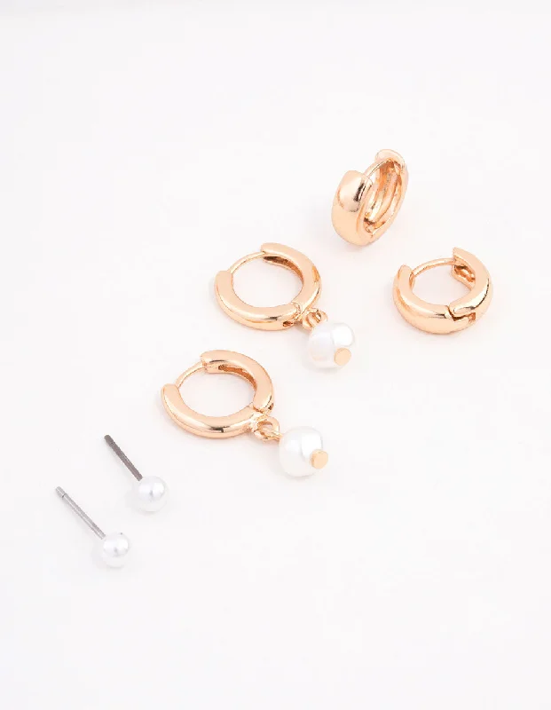 Cute Animal Earrings-Gold Classic Pearl & Hoop Earrings 3-Pack