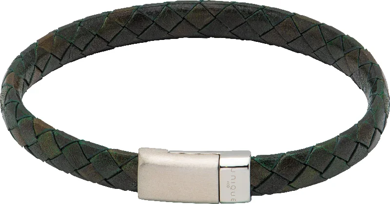 Vintage Bangle Bracelet-Unique & Co Matte & Polished Magnetic Steel Clasp Dark Green Leather Bracelet