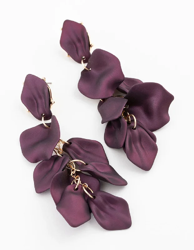 Silver Chain Earrings-Purple Coated Petal Drop Earrings