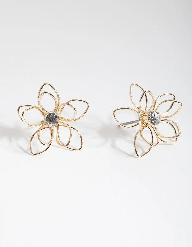 Butterfly Shape Earrings-Gold Dainty Diamante Flower Earrings