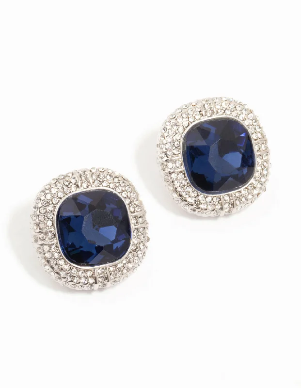 Custom Engraved Earrings-Silver Large Blue Diamante Stud Earrings