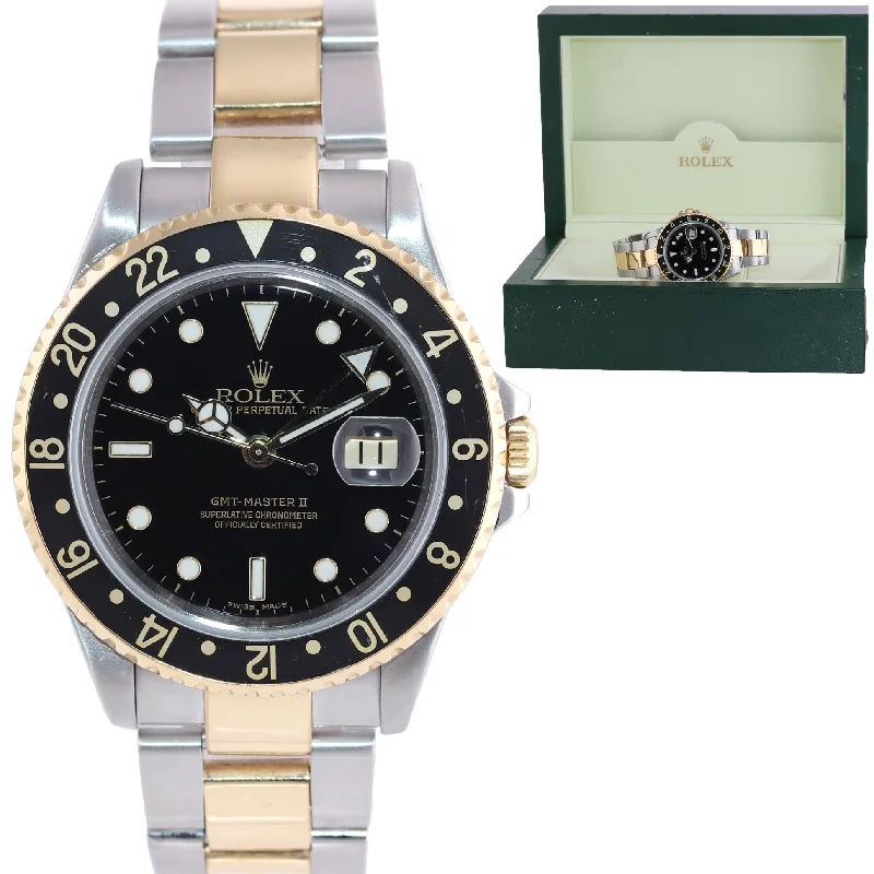 Quartz Watch for Men-2002 Rolex GMT-Master II 16713 Two-Tone Gold Steel Date Black SEL 40mm Watch Box