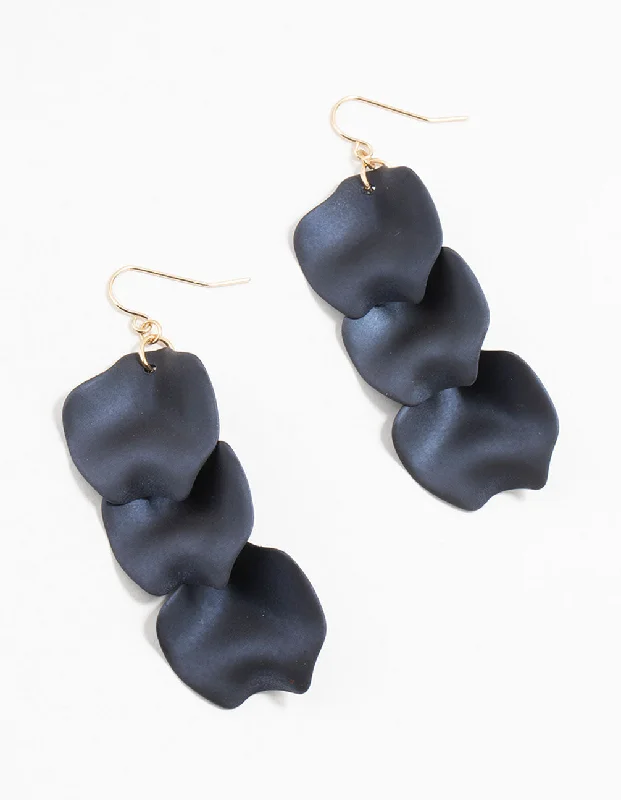 Modern Geometric Earrings-Gold & Black Pearlised Petal Drop Earrings