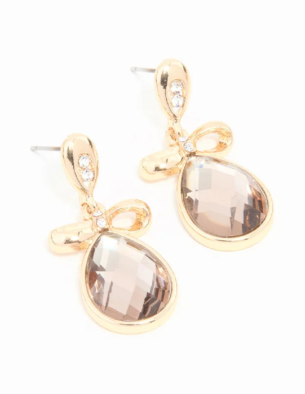 Ethnic Style Earrings-Dusty Pink  Diamante & Bow Gold Earrings