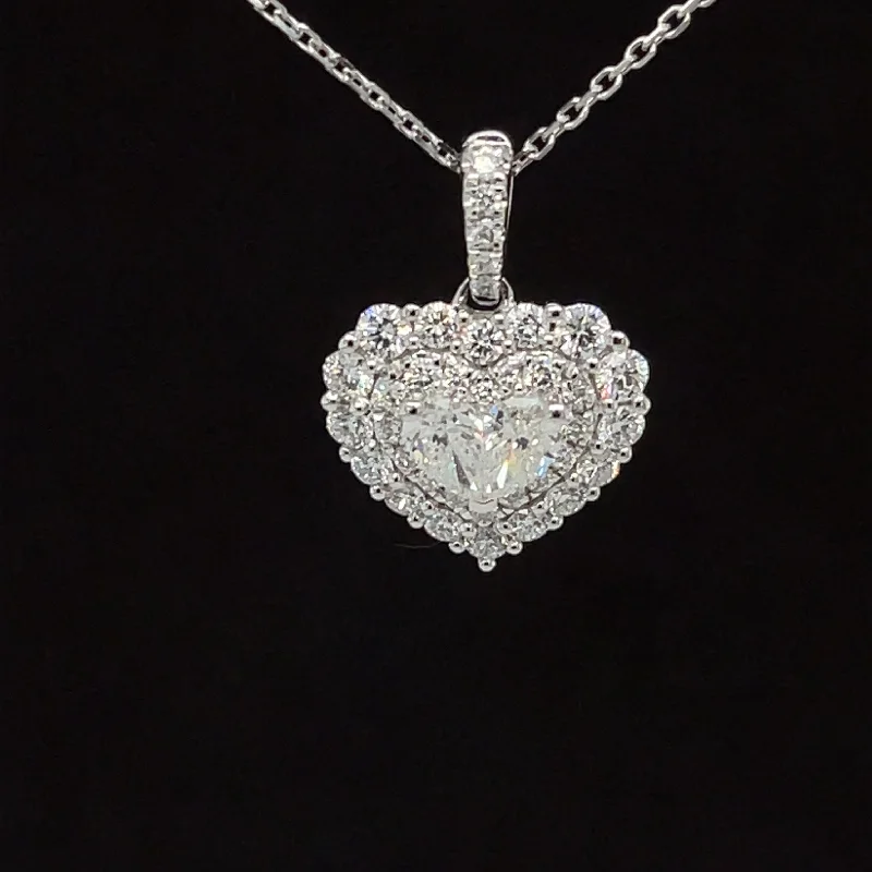 Bridal Necklace-Diamond 1.09ctw Heart Solitaire Double Lace Cluster Necklace in 18k White Gold - #348 - PDDIA346281