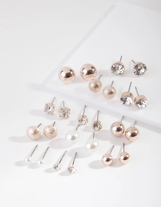 Classic Pearl Earrings-Rose Gold Diamante Pearl Earring 12-Pack