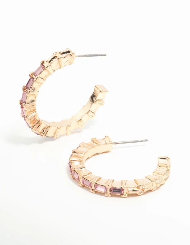 Bridal Earrings-Gold Pink Baguette Diamante Hoop Earrings