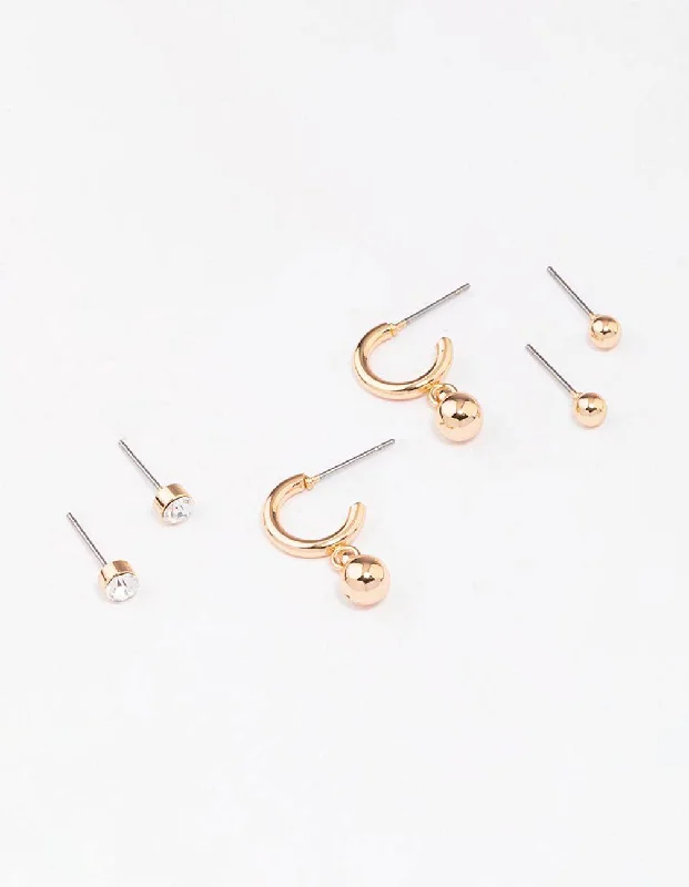 High-End Earrings-Gold Diamante Ball Hoop Earring 3-Pack