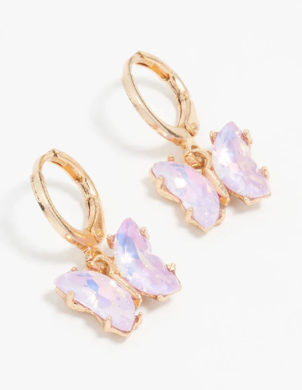 Elegant Chandelier Earrings-Gold Purple Diamante Butterfly Huggie Earrings