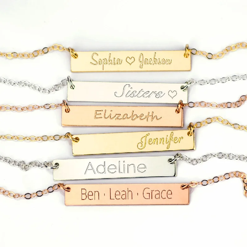 Boho Gemstone Necklace-Large Engraved Bar Necklace