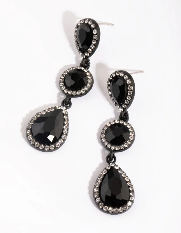 Fashionable Chandelier Earrings-Matte Black Teardrop Diamante Earrings