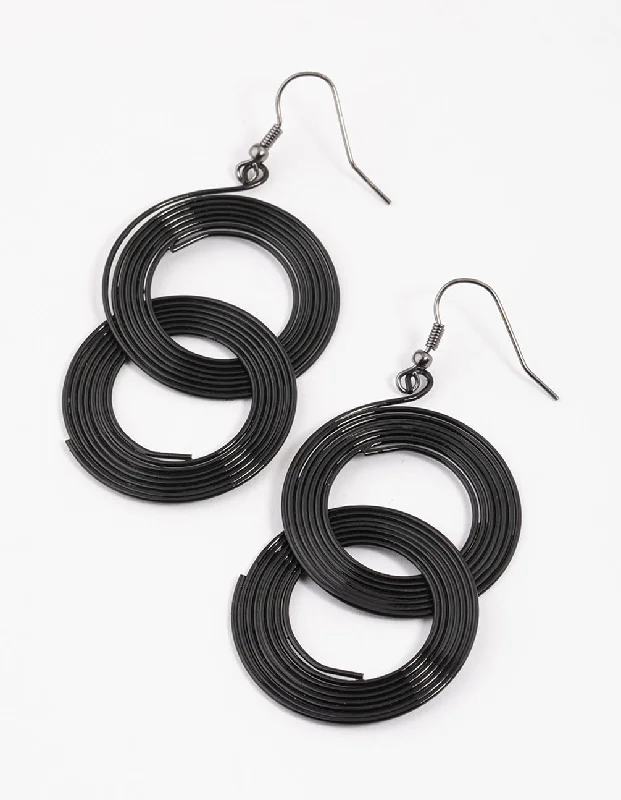 Unique Silver Earrings-Coated Black Linked Coil Drop Earrings