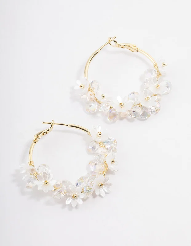 Stud Earrings with Gemstones-Gold Plated Freshwater Pearl Diamante Flower Hoop Earrings