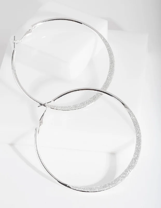 Silver Chain Earrings-Large Silver Glitter Edge Hoop Earrings