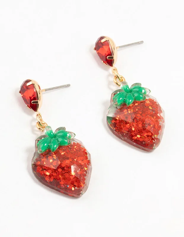 Handmade Beaded Earrings-Red Acrylic Diamante Strawberry Drop Earrings