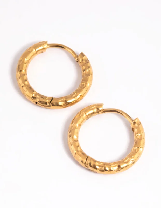 Antique Silver Earrings-Waterproof Gold Plated Stainless Steel Molten Huggie Hoop Earrings