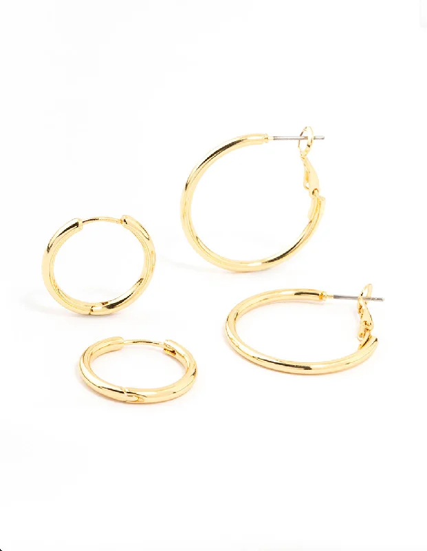 Pear Shaped Earrings-Gold Plated Thin Small & Medium Hoop Earrings 2-Pack