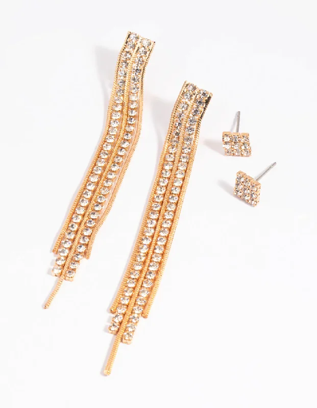 Cute Stud Earrings-Gold Diamante Stud Earring Set