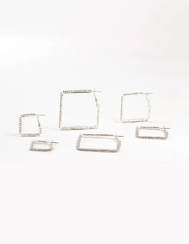 Double-Sided Earrings-Silver Diamante Square Hoop Earrings 3-Pack