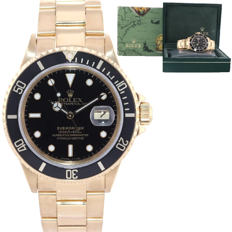 Women's Leather Watch with Diamonds-Rolex 16808 Submariner Yellow Gold Black Dial Oyster 40mm Watch Box