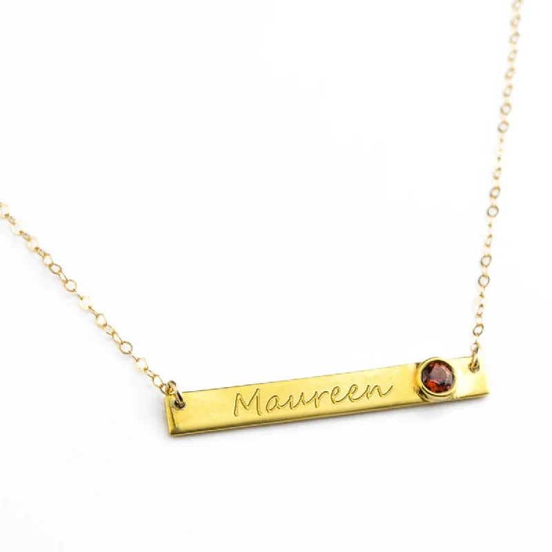 Elegant Birthstone Necklace-January Custom Bar Necklace with Bezel Birthstone