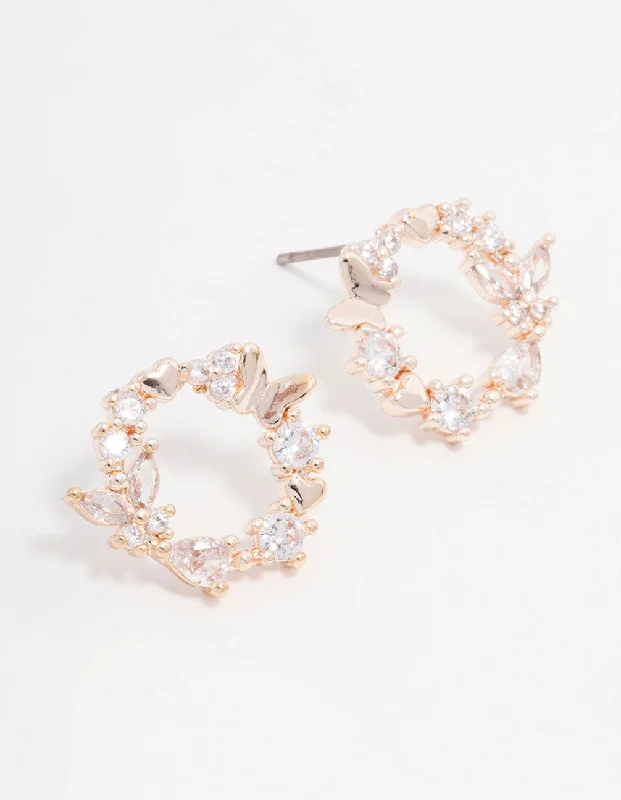 Cute Heart Earrings-Rose Gold Plated Cubic Zirconia Butterfly Wreath Earrings