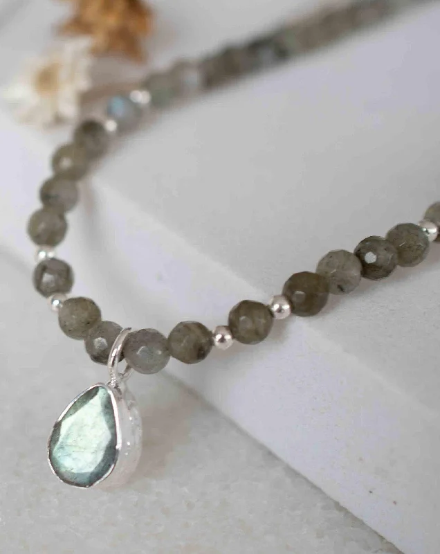 Crystal Necklace-Labradorite Bead Necklace ~ Sterling Silver 925 ~ MN002