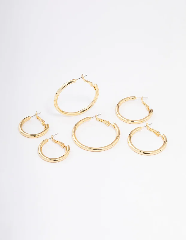 Double Drop Earrings-Gold Plated Basic Thick Hoop Earrings Pack