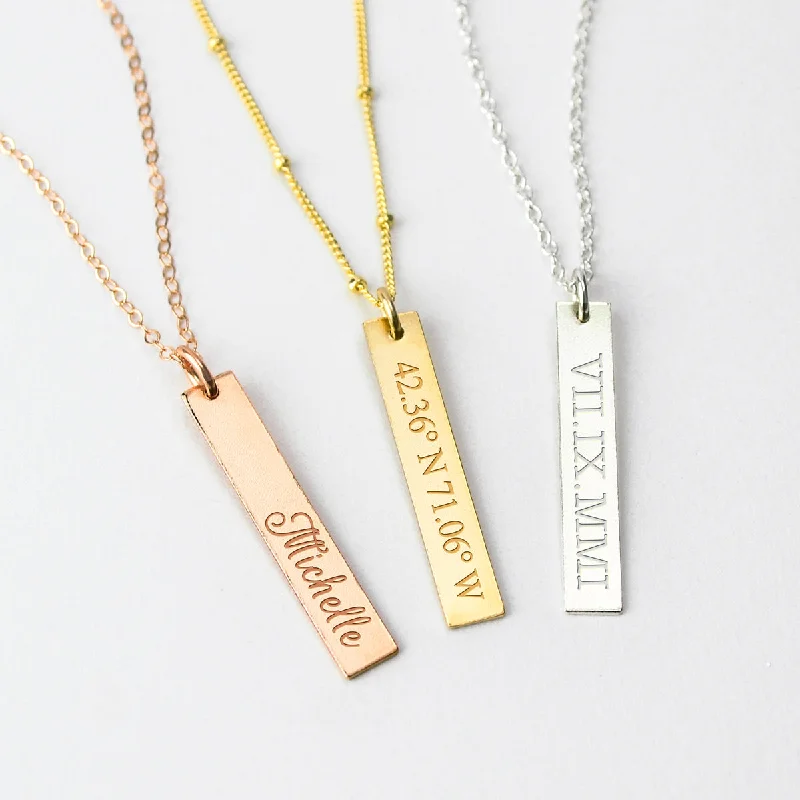 Adjustable Necklace-Engraved Vertical Bar Pendant Necklace