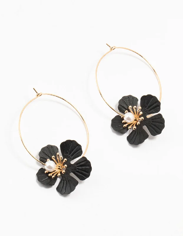 Bridal Earrings-Gold & Black Coated Textured Pearl Flower Hoop Earrings