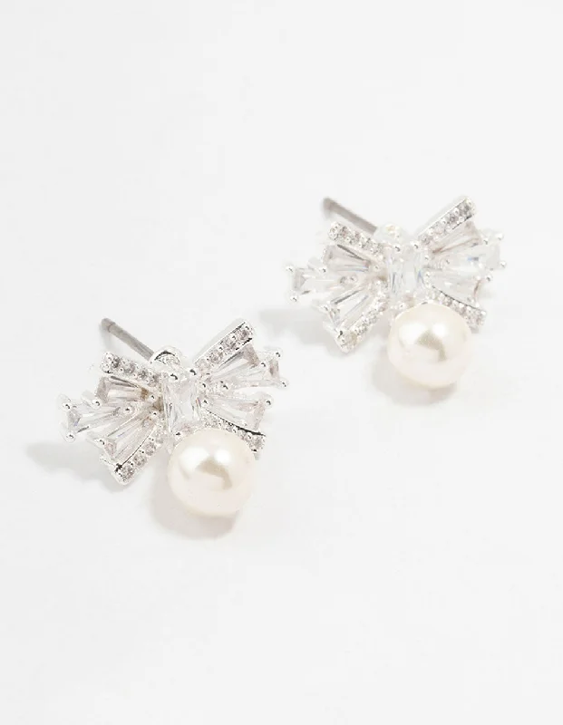 Small Drop Earrings-Small Cubic Zirconia Bow & Pearl Silver Stud Earrings