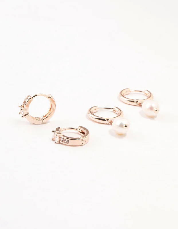 Stud Earrings for Women-Rose Gold Cubic Zirconia & Freshwater Pearl Huggie Earrings 2-Pack