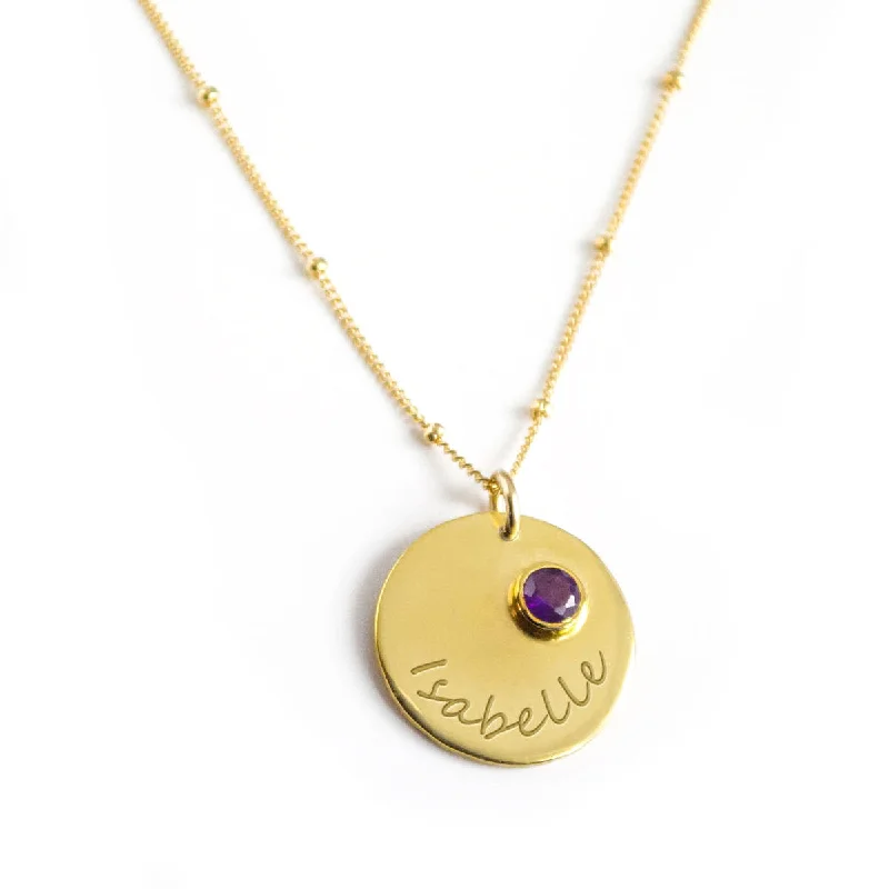 Gold Circle Pendant Necklace-February Engraved Disk Pendant Necklace