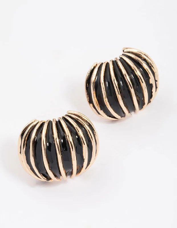 Geometric Shape Earrings-Gold & Black Ribbed Small Stud Earrings