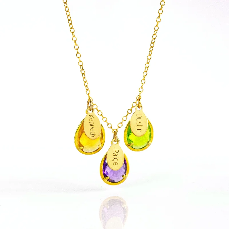 Luxury Crystal Necklace-Half Bezel Teardrop Birthstone Necklace with Name Charms