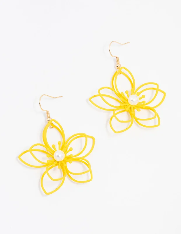 Geometric Stud Earrings-Yellow Gold Wire Pearl Flower Drop Earrings