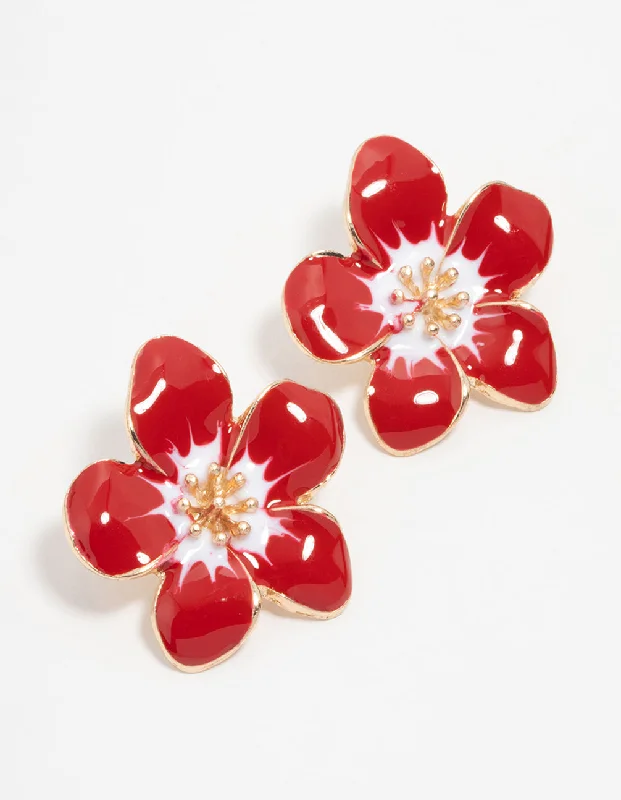 Luxury Chandelier Earrings-Gold Red Frangipani Stud Earrings