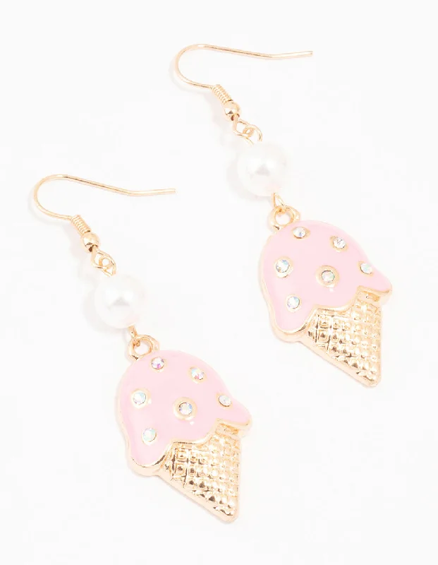 Rhinestone Earrings-Gold Pearl & Pink Ice Cream Drop Earrings