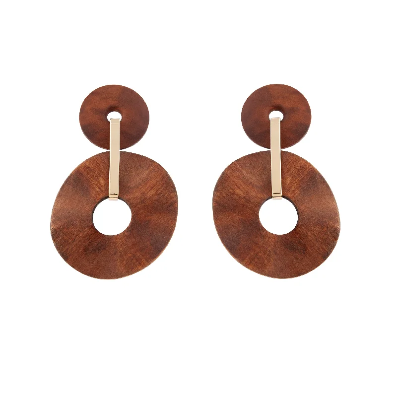 Oval Hoop Earrings-Brown Wooden Wavy Disc Earrings