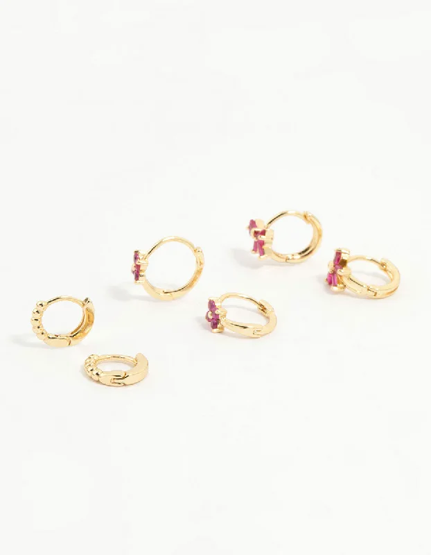 Tiny Stud Earrings-Gold Plated Pink Cubic Zirconia Bow Huggie Earrings 3-Pack